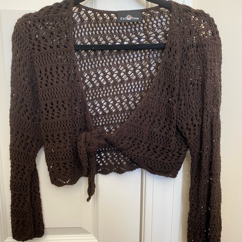 Brown knitted crochet tie front cardigan